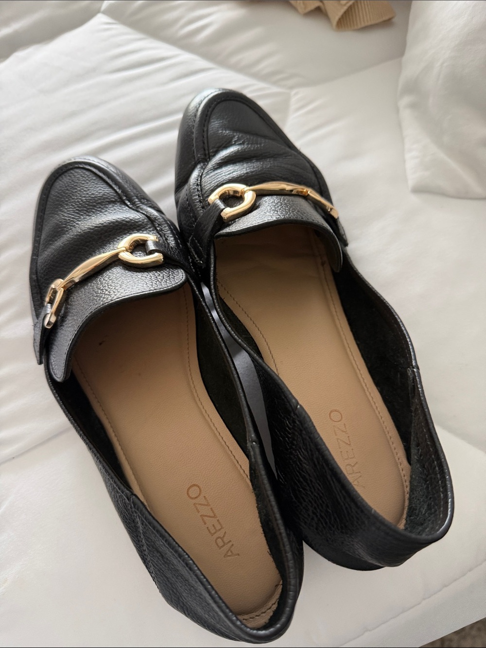 Arezzo Black Leather Loafers with Gold Buckle Accent
